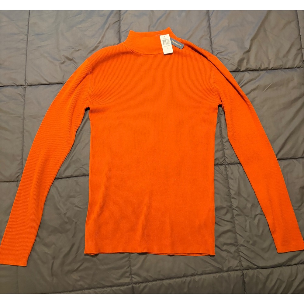 Pendleton Silk Cotton Ribbed Mock Neck Sweater Orange rust luxury fall stretchy - Picture 7 of 7